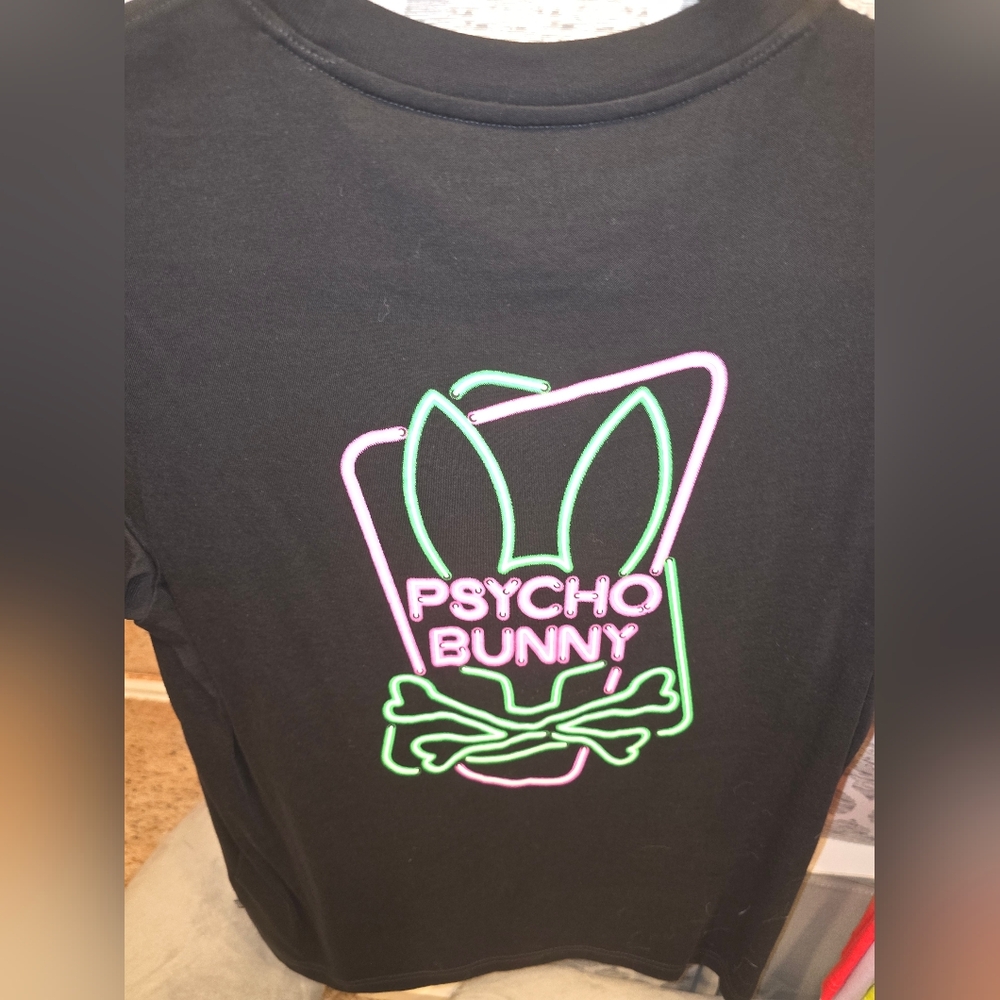 Psycho Bunny Black Tee with Pink and Green Neon Logo